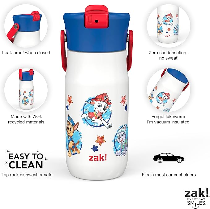 Zak Designs Harmony PAW Patrol Kid Water Bottle for Travel or At Home, 14oz Recycled Stainless Steel is Leak-Proof When Closed and Vacuum Insulated (Chase, Marshall, Skye, Rubble, Everest, Zuma)