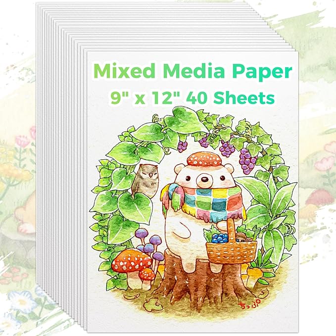Mixed Media Paper 9" x 12", 40 Sheets (98lb/160gsm) Multipurpose Heavyweight Loose Drawing Art Paper for Sketching, Sketch Book, Gouache, Painting, Sketchbook, Drawing Pad Book, School