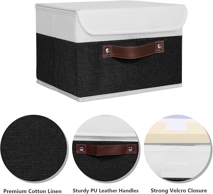 ANMINY Storage Boxes with Lids Washable Decorative Storage Bins Basket with PU Leather Handle Foldable Linen Fabric Storage Cubes Containers for Home Closet Organizer - Black White, Small Size