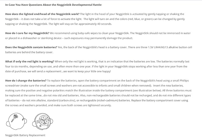 NogginStik Light-up Developmental Rattle - Color Changing, Textured for Grasping, Mirror & Rattle Sound - Sensory Toy for Babies, Ages 0-12 Months