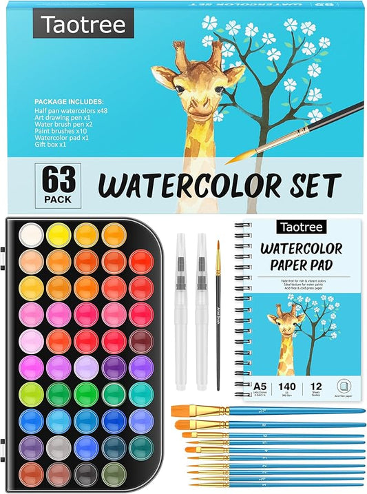 Taotree Watercolor Paint Set, 48 Colors Watercolors Kit Water Colors with 10 Paint Brushes, Brush Pens, Palette, Drawing Pad, Painting Supplies, Christmas Gifts for Teen Girls Boys Kids Adults Artist