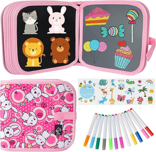 Erasable Doodle Set for Kids - Magic Drawing Book with 12 Watercolor Pens, 14 Pages - Road Trip Car Game Writing Painting Set for Boys and Girls (Rabbit)