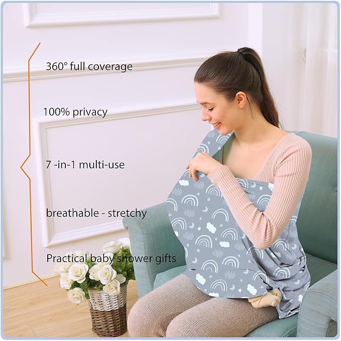 Car Seat Covers for Babies - Multi- use Nursing Carseat Canopy, Breastfeeding Covers, Baby Shower Gifts for Boys and Girls (Grey Rainbow)