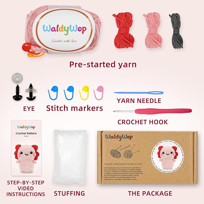 WaldyWop Crochet Kit for Beginners Kids, Wobbles Crochet Animal Kit, Complete Starter Knitting Set w/Step-by-Step Video Tutorials, Easy Yarn (Extra 40%), Hook - DIY Craft Kits, Gifts for Girls Teen