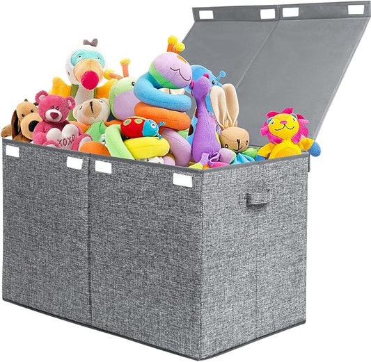 popoly 122L Large Toy Chest Box with Lid, Foldable Toy Storage Organizer Bin Boxes with Removable Divider for Kids, Boys, Girls, Nursery, Playroom, 26"x17" x17"(Linen Gray)