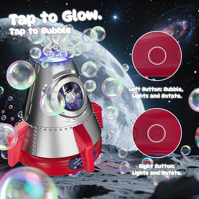 Rocket Bubble Machine for Kids with Lights, 360° Rotating Bubble Blower Toy with 10 Refill Solutions, Bubble Maker for Toddlers, Fun Outdoor Party Gift for Boys & Girls RED