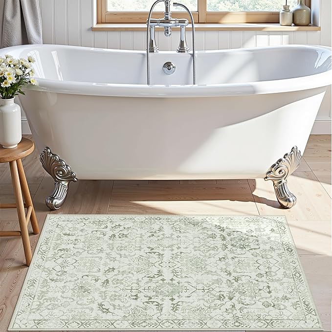 Sage Small Area Rug 2x3 Throw Rug for Entryway Bathroom Kitchen, Non-Slip Low-Pile Washable Distressed Modern Boho Floor Carpet for Laundry Room, Indoor Washstand Vanity Front Mat 24x36 Inch