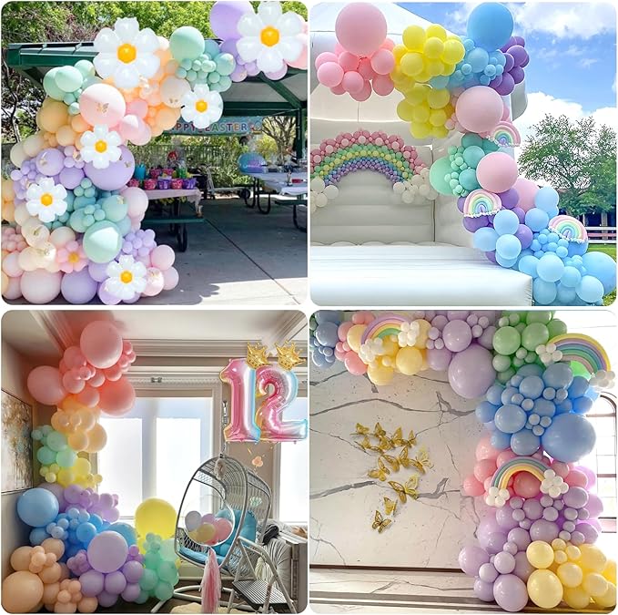Pastel 7th Birthday Decorations for Girls 219Pcs Daisy Balloon Garland Kit, 18 10 5 Inch Pastel Rainbow Balloons Arch, Number 7 Balloons for 7 Year Old Birthday Party Decorations