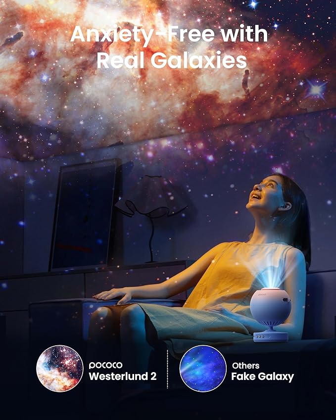POCOCO Galaxy Star Projector for Bedroom with Replaceable Optical Film Discs, Home Planetarium Night Light Projector with High-Definition Soft Light for Relax, Study, and Meditate, Stress Relief Gifts