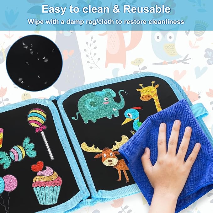 Erasable Doodle Set for Kids - Reusable Magic Drawing Book with 12 Watercolor Pens 14 Page Drawing, Road Trip Car Game Writing Painting Set for Boys and Girls (Blue Zoo)