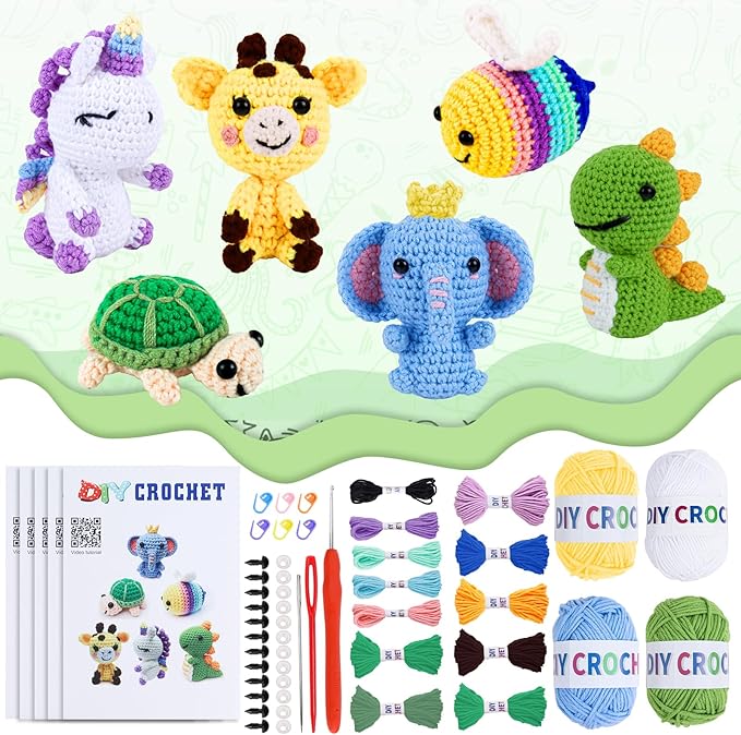 QYGYMXC 6PCS Crochet Kit for Beginners, Knitting Kit with Step-by-Step Video Tutorials, Beginner Crochet Kit for Adults, Crochet Animal Kit for Beginners Kids, Complete Kit Included 6 Cute Animals