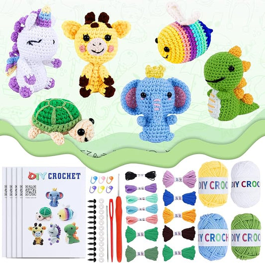 QYGYMXC 6PCS Crochet Kit for Beginners, Knitting Kit with Step-by-Step Video Tutorials, Beginner Crochet Kit for Adults, Crochet Animal Kit for Beginners Kids, Complete Kit Included 6 Cute Animals
