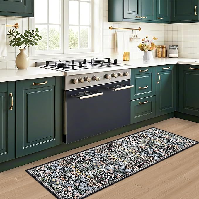 Runner Rug for Entryway: 2.6x8 Kitchen Rugs Non Slip Washable Ultra-Thin Soft Floral Carpet Indoor Stain Resistant Carpets for Hallway Bedroom Kitchen Laundry Bathroom Dorm Dark Black