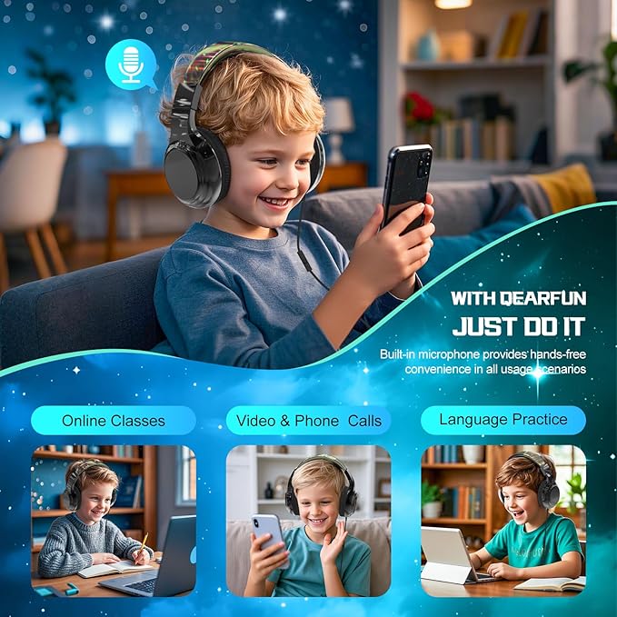 QearFun Kids Headphones Wired with Mic, 85/94dB Safe Volume Limit, Foldable Over Ear, Tangle-Free Cord & Sharing Port, Wired On-Ear Headset for School, Chromebook, Tablet, Travel - Boys & Girls