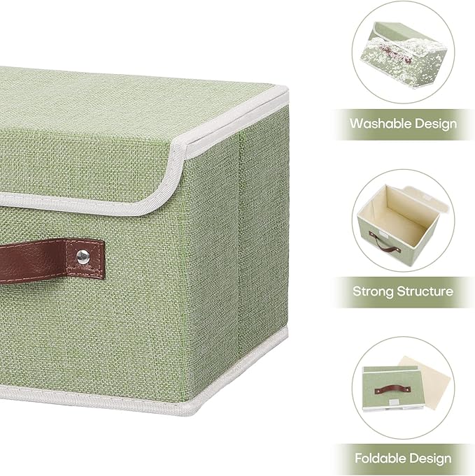 ANMINY 4PCS Storage Bins with Lid PU Leather Handles Storage Boxes PP Plastic Board Decorative Foldable Lidded Cotton Linen Fabric Home Cubes Baskets Closet Organizer Containers - Green, Small Size