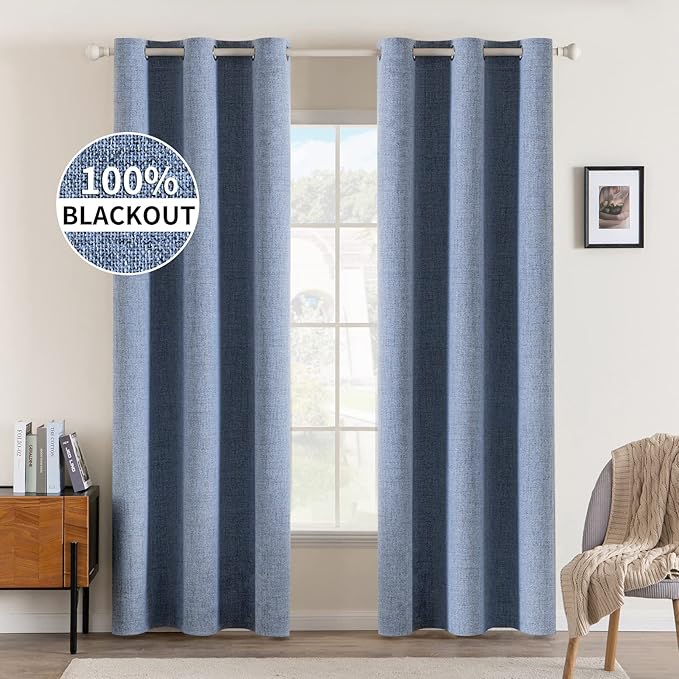 MIULEE Linen Blackout Curtains and Drapes 100% Room Darkening Thermal Insulated Grommet Window Panels with Coating 2 PCs W 42 x L 84 inches Stone Blue