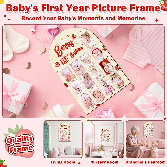 R HORSE 3D Berry 1st Birthday Wood Photo Display Board, Adorable Strawberry Baby's First Year Picture Frame, 1-12 Months Milestone Board Birthday Decorations Keepsake Gift for Baby Girls Nursery Decor