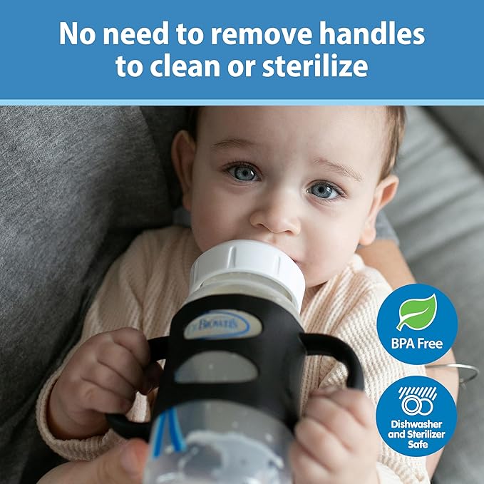Dr. Brown's Wide-Neck Baby Bottle Handles, 100% Silicone, Easy Grip Removable Handles for Bottle to Sippy Cup Transition, Blue/Gray/Green, 3-Pack, 4m+