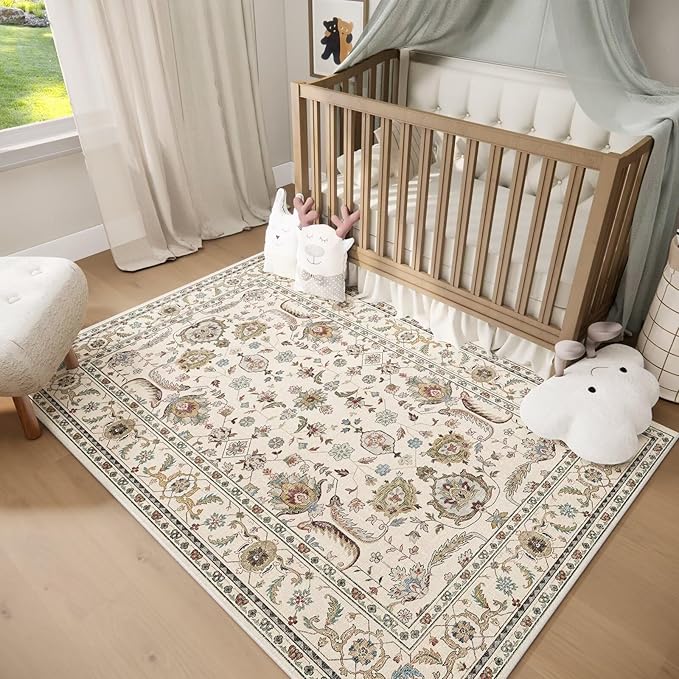 Washable 4x6 Rugs for Living Room, Boho Non-Slip Silicone Backing Small Rugs for Bedroom Nursery Office, 0.3" Neutral Oriental Throw Carpet with 0.16" Cushioning Pad, Light Beige/Multi