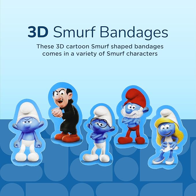 BioSwiss Bandages, The Smurfs in 3D Shaped Self Adhesive Bandage, Latex Free Sterile Wound Care, Fun First Aid Kit Supplies for Kids and Adults, 50 Count Plastic Case