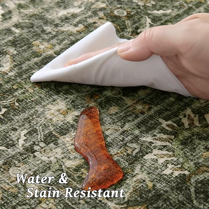 Washable 8x10 Area Rugs for Living Room, Boho Non-Slip Silicone Backing Rugs for Bedroom Dining Room Nursery Office, 0.3" Neutral Oriental Throw Carpet with 0.16" Cushioning Pad, Grass Green/Multi