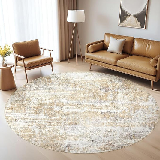 Round Rug Living Room Rugs: 5Ft Washable Circle Large Abstract Modern Soft Stain Resistant Non Slip Indoor Floor Carpet for Bedroom Nursery Office Dining Room Dorm Home House Decor- Gray Gold