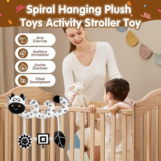 Car Seat Toys for Babies 0-6 Months,Hanging Rattle Toys for Crib Mobile, Baby Spiral Hanging Stroller Black and White High Contrast Toys for Newborn 0 3 6 9 12 Months Baby Boys Girls (Cow)