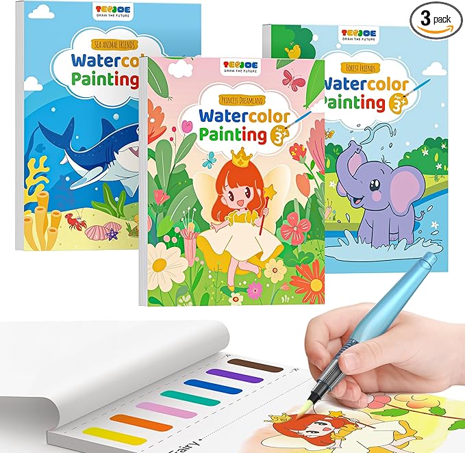 TECJOE 3 Pack Paint with Water Coloring Books for Toddlers, Watercolor Paint Set with 6 Brushes, Painting Activity for Kids Ages 4 5 6 7 8, Birthday Gifts Arts & Crafts Toy, Princess, Forest & Sea