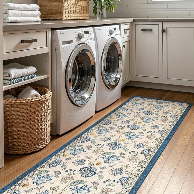 jinchan 3x8 Floral Runner Rug for Hallway Washable Kitchen Runner Vintage Romance Design Non Slip Thin Indoor Floor Cover Low-Profile Throw Carpet for Entryway Bathroom Bedroom Porch, Blue/Beige