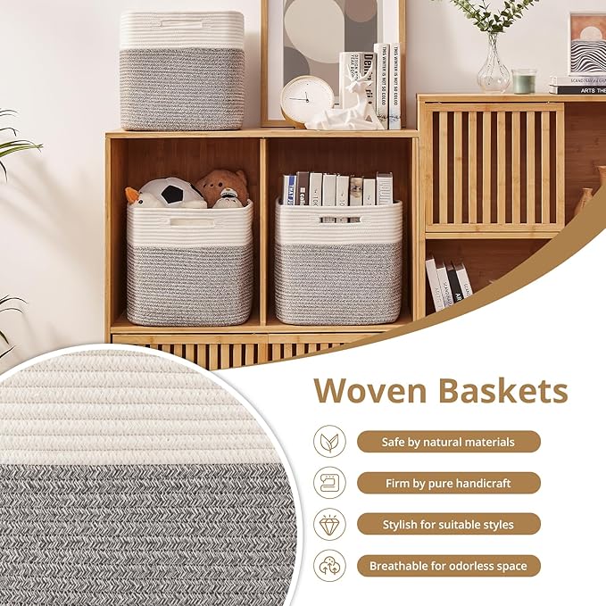 OIAHOMY 13 Kallax Inch Cube Storage Bins, 3-Pack Cotton Rope Woven Baskets for Organizing, Kallax Insert Storage Baskets for Shelves, Baby Nursery, Closet Organizer, 15*13*12.6IN, Grey & White