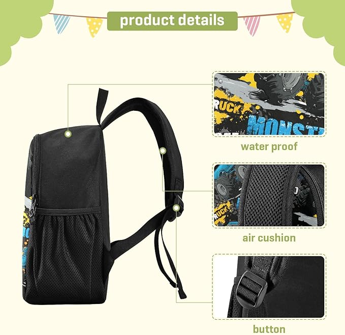 Monster Truck Toddler Backpack Waterproof Mini Backpack Boys/Girls Cute Small Kindergarten Pre School Bag