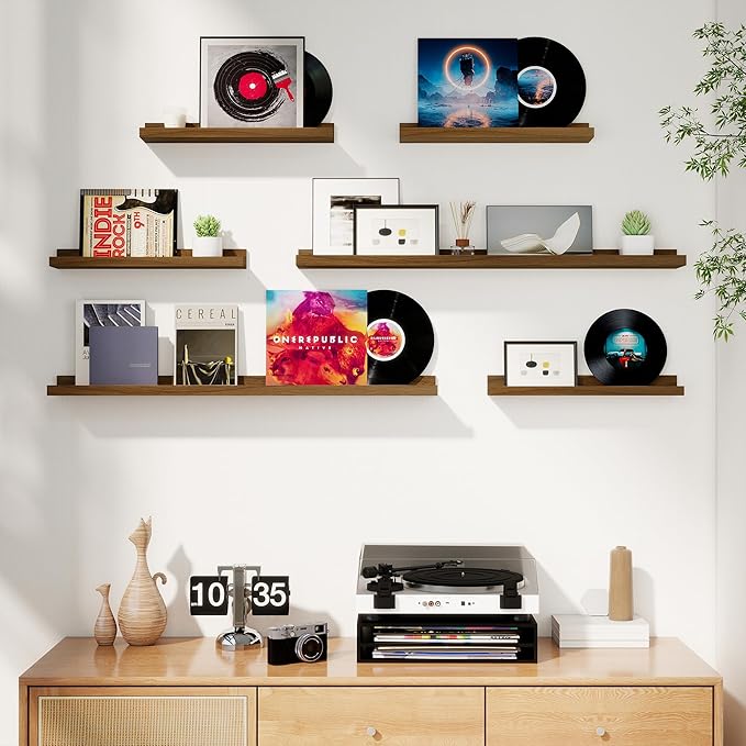 Axeman Picture Ledge Shelf, Floating Shelves for Wall Decor Storage Set of 6, 48 inch Floating Wall Mounted Shelves, Wall Shelves with Lip for Living Room, Bedroom, Nursery, Bathroom, Kitchen, Walnut