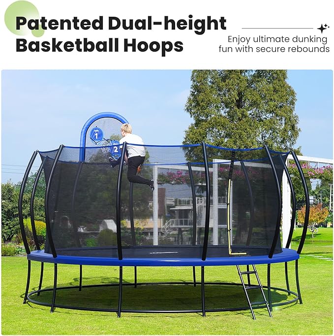 Zupapa 1800LBS Weight Capacity Double Frames Trampoline with No-Gap Design Curved Poles 16 15 14 12 10FT Trampolines with Enclosure Net for Kids Adults, Outdoor Family Fun