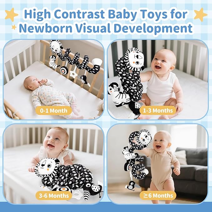 Car Seat Toys for Babies 0-6 Months,Hanging Rattle Toys for Crib Mobile, Baby Spiral Hanging Stroller Black and White High Contrast Toys for Newborn 0 3 6 9 12 Months Baby Boys Girls (Lion)