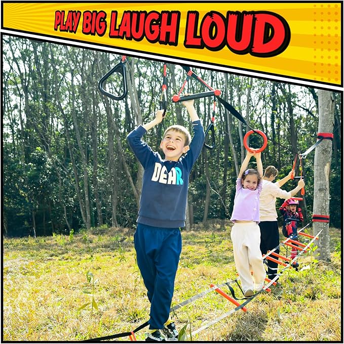 Hapfan Ninja Warrior Obstacle Course for Kids with Rickety Bridge, 50 FT Slackline Kit with Weather-Proof Obstacles, Outdoor Jungle Gym Climbing Toys for Backyard