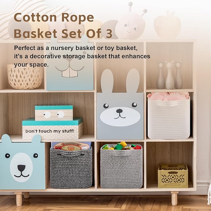 Storage Baskets for Organizing, Decorative Woven Baskets for Shelves, Cotton Rope Storage Cube Bins for Toys, Books, and Towels-13''Lx10''Wx8.6''H-3 Packs, White