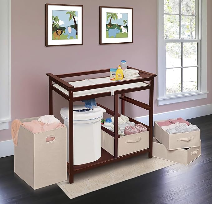 Badger Basket Modern Baby Changing Table with Laundry Hamper, 3 Storage Drawers and Pad, Diaper Change Station - Cherry/Ecru