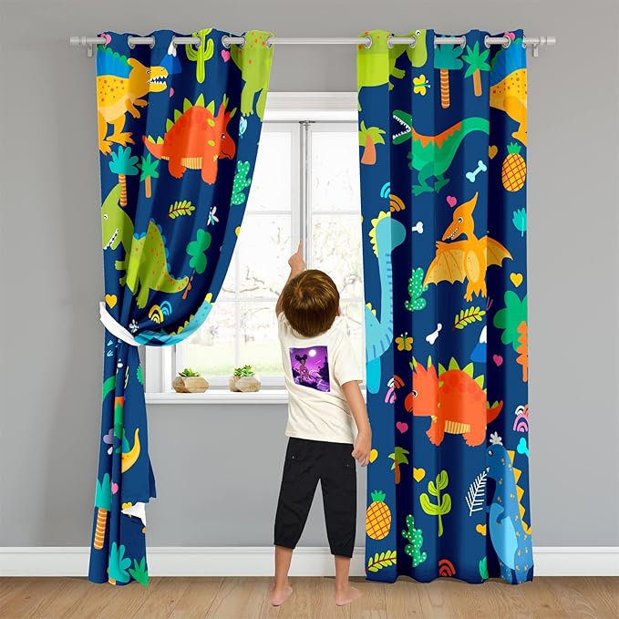 Cartoon Dinosaur Blackout Curtain Panels Curtains Blue Curtains for Boys Bedroom Grommet Top Window Treatment 2 Panels Drapes Kids Room Decor Navy Blue Curtains 84 Inch Length, 82" x 84"