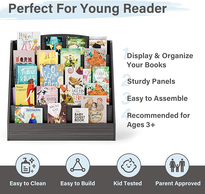 TOETOL 5-Tier Kids Bookshelf - Toddler Book Display Shelves for Classrooms, Playrooms, and Nursery - Wooden Children Book Rack (Gray Wash)