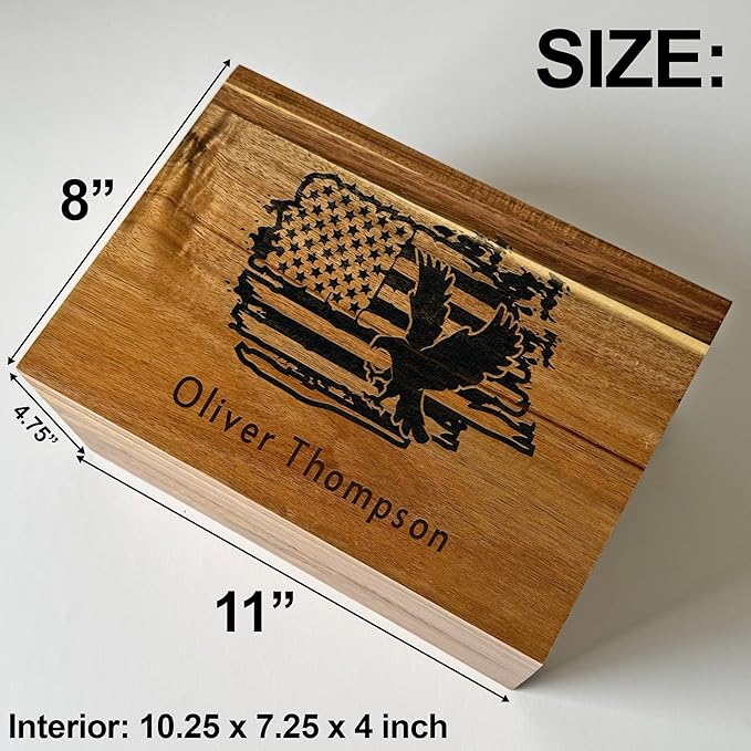 Personalized American Flag Gift Box - Engraved Memory Box, 5 Year Anniversary Wedding Gift for Men, Boyfriend, Acacia Wood Decorative Chest, Keepsake Boxes with Custom Hidden Message, 11x8x4.75 in