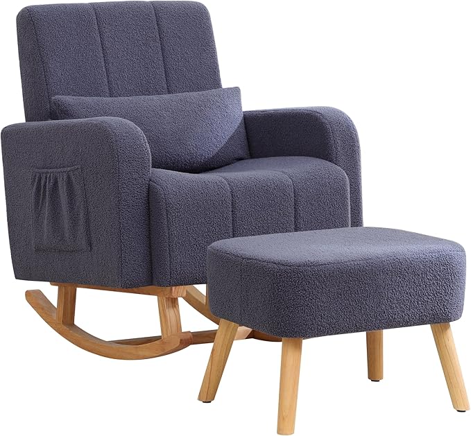 Rocking Chair with Ottoman, Upholstered Glider Rocker with High Backrest and Side Pocket, Comfy Reading Chair with Solid Wood Legs for Nursery, Living Room,Bedroom Dark Grey