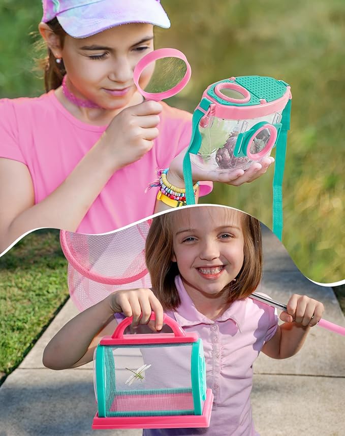 ROBUD Kids Explorer Kit, Bug Catcher Kit with Bag Kit, Pink Outdoor Exploration Set for Camping, Montessroi Toy for Kids Coming Closer to Nature，WRP28