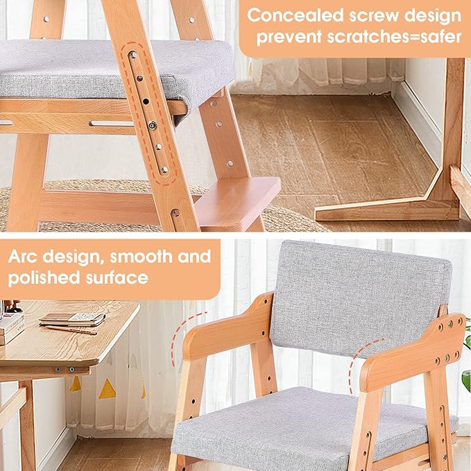 Ezebaby Wooden High Chair, Adjustable Highchair for Toddlers to Teens with Steps, Kids Dining Chair, Study Chair with Removable Cushion (Natural Color)