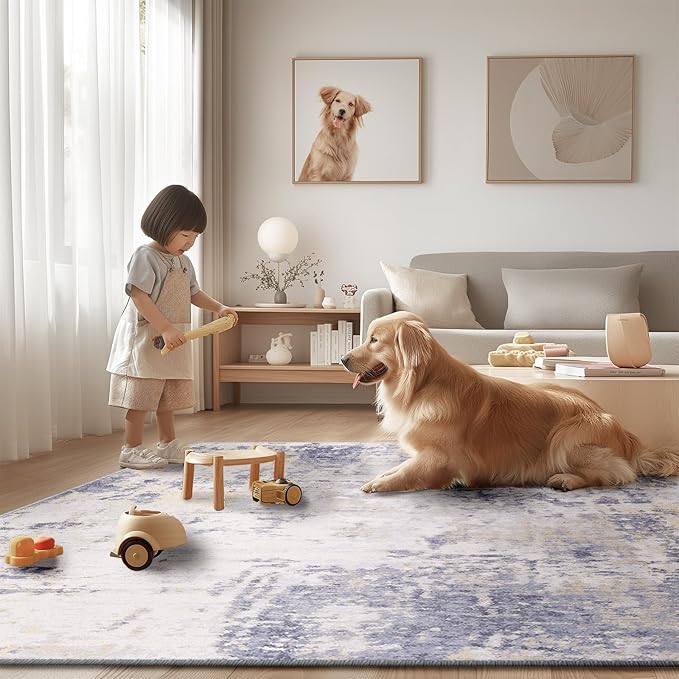 Washable Area Rugs 8'x10' Non-Slip Modern Abstract Soft for Living Room Entryway Bedroom Nursery, Print Pattern, Purple Grey Cream Yellow