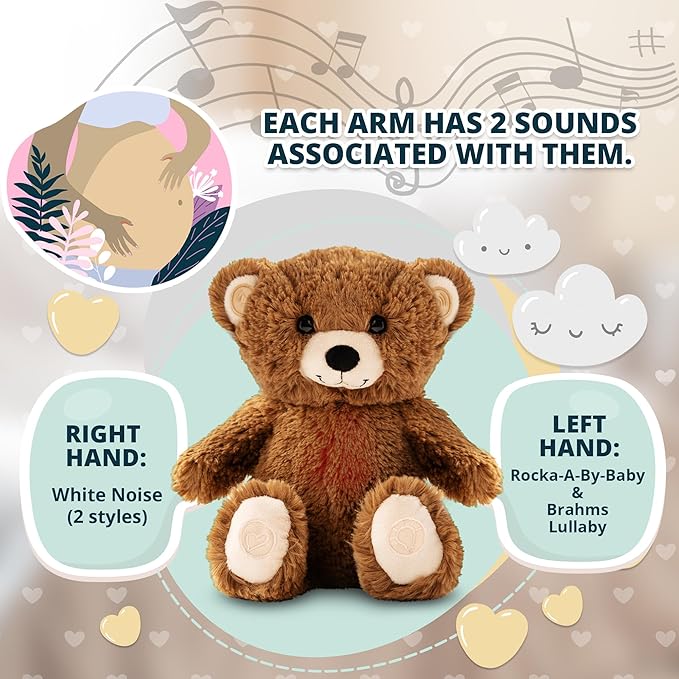 Gemma Joy Bedtime Baby Soothers for Sleep, Cry Activated Heartbeat Stuffed Animal for Baby, Newborn, Calming Light, Lullaby Music, White Noise, Shush, Mother’s Heartbeat - (Brown Bear, Rechargeable)