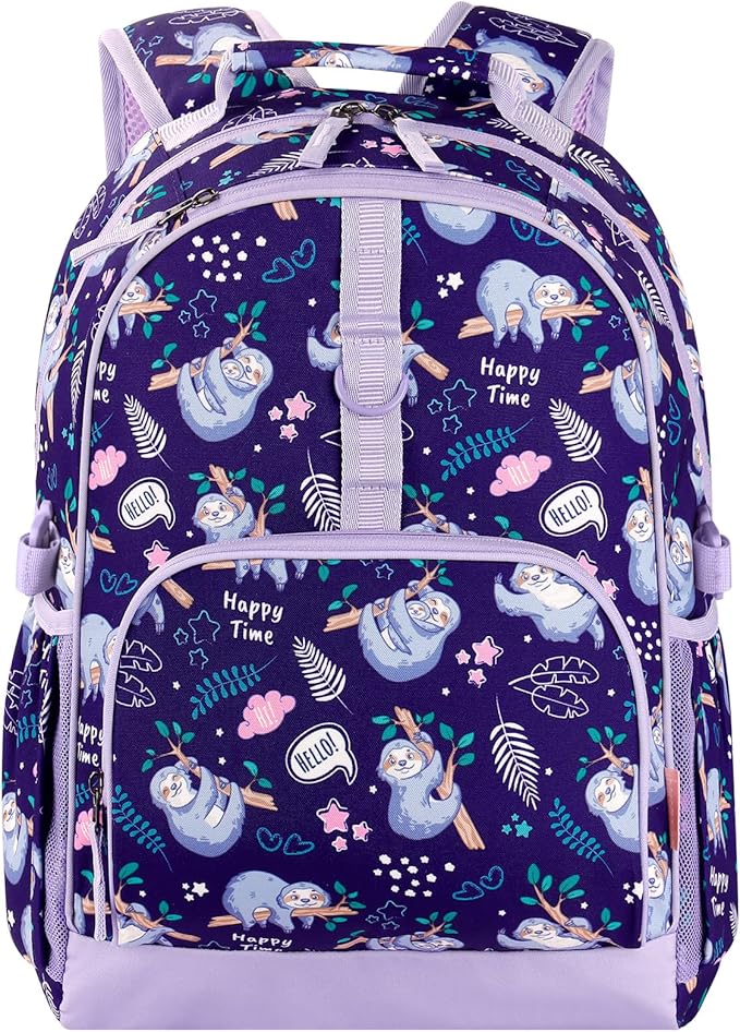 Choco Mocha Sloth Backpack for Girls, Elementary School Backpack for Girls Ages 6-8 Kids Kindergarten Backpack Bookbag 17 Inch with Chest Strap, Purple
