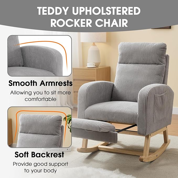 NIOIIKIT Nursery Rocking Chair, Corduroy Upholstered Rocking Chair with Adjustable Footrest, Tufted Rocker Chair with Side Pocket, Glider Rocker for Living Room, Bedroom (Gray Modern)