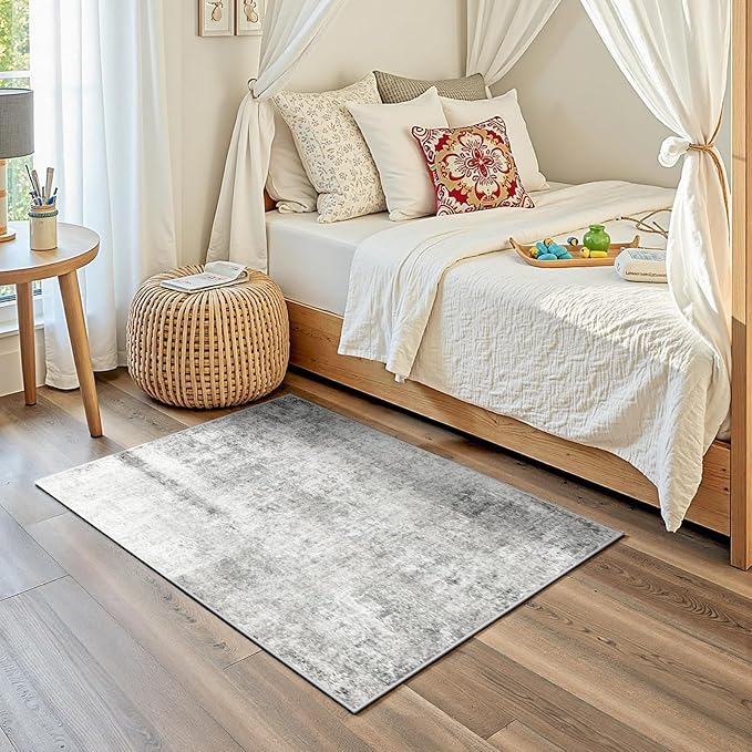 Washable Area Rugs 2'x3' Non-Slip Modern Abstract Soft for Living Room Entryway Bedroom Nursery, Print Pattern, Gray White Grey