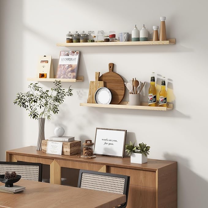 Picture Ledge Shelf for Wall, 48 inches Solid Pine Wood Nursery Book Shelves 3 Packs, Floating Ledge Shelves for Kids' Room Bedroom Bathroom Long Floating Shelves for Wall Nursey Wall Decor, Natural