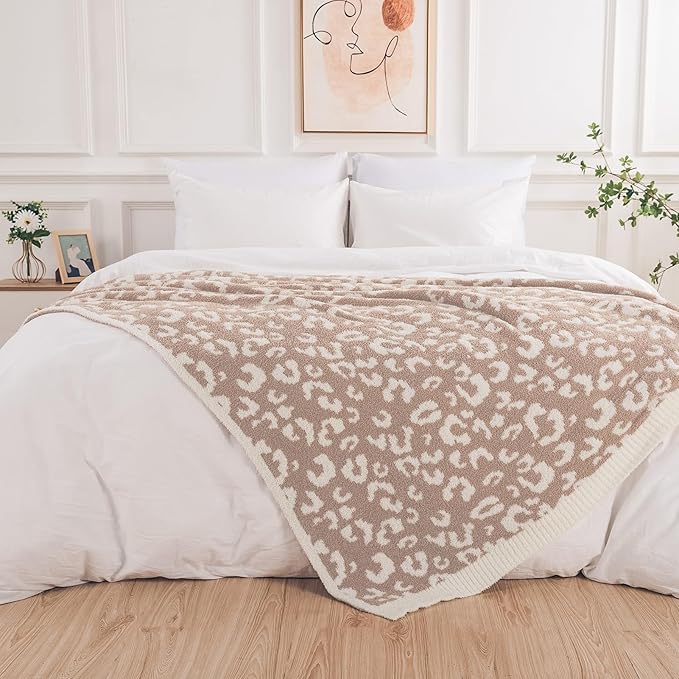 NEXHOME PRO Leopard Soft Blanket Twin Size, Fuzzy Throw Blanket for Couch Bed Sofa Picnic, Knit Blankets for Women Gifts Beige 60 x 80 inches